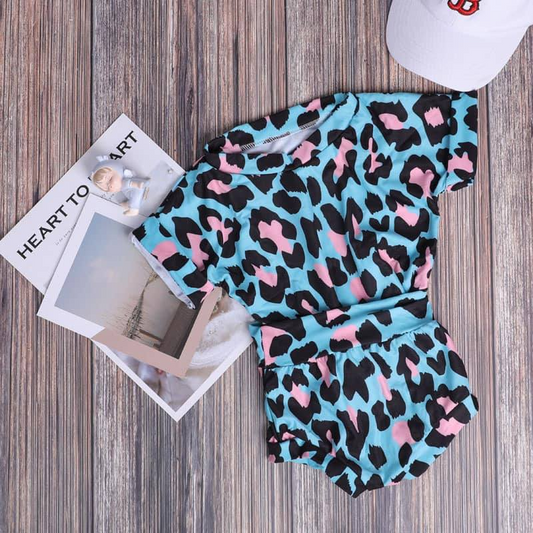 Baby Girls Blue Pink Leopard Shirts Top Bummies Clothes Sets Preorder