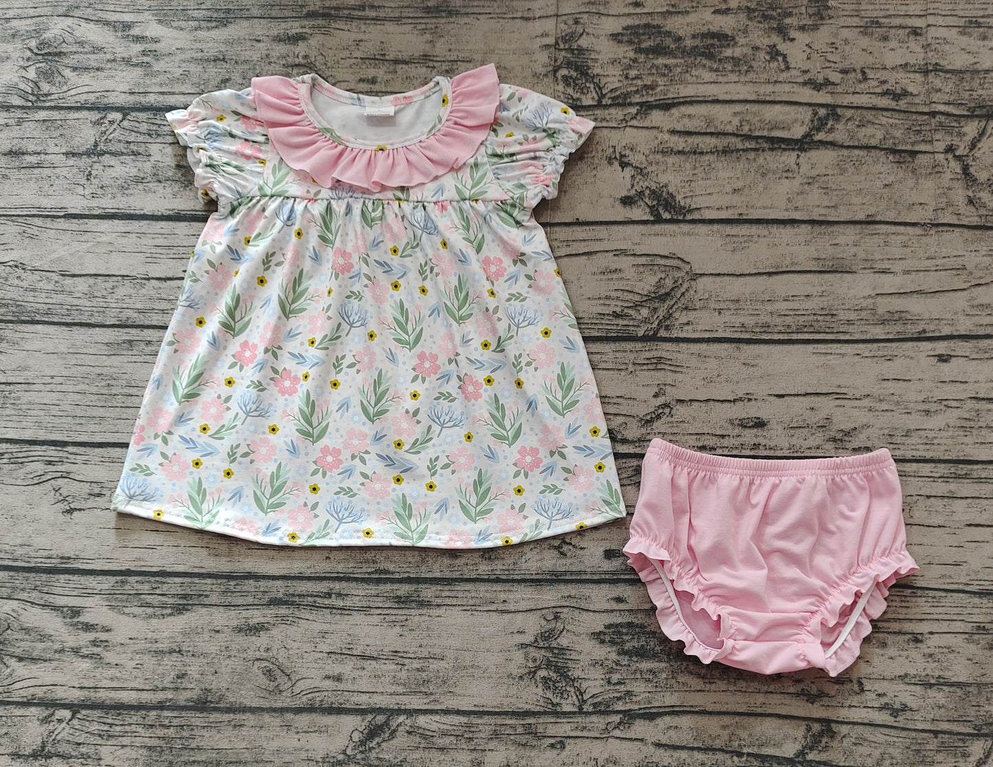 Baby Girls Pink Flowers Ruffle Tunic Top Bummies Clothes Sets