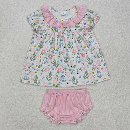 Baby Girls Pink Flowers Ruffle Tunic Top Bummies Clothes Sets