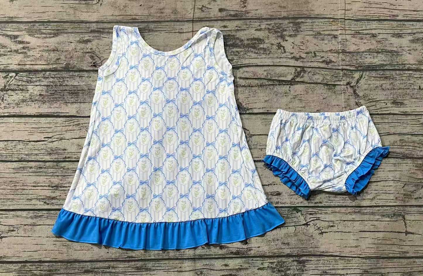 Baby Girls Blue Bows Ruffle Top Bummies Clothes Sets