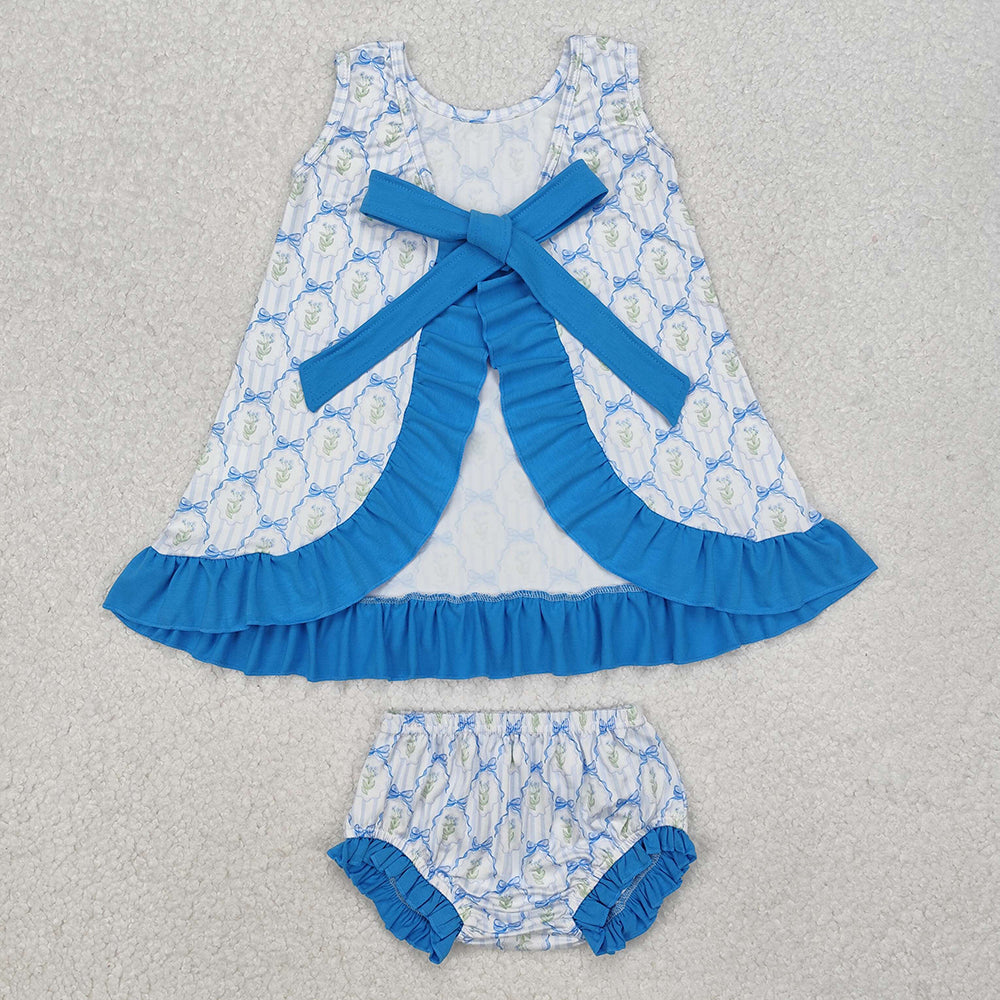 Baby Girls Blue Bows Ruffle Top Bummies Clothes Sets