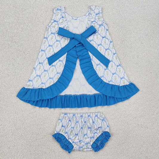 Baby Girls Blue Bows Ruffle Top Bummies Clothes Sets