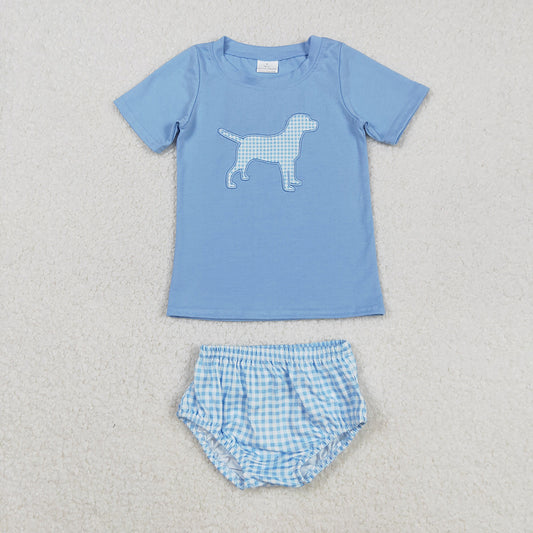 Embroidery Dog Baby Boys Blue Shirts Top Bummies Clothes Sets