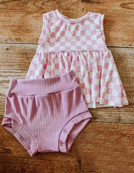 Baby Girls Pink Plaid Sleeveless Tunic Bummies Clothes Sets Preorder