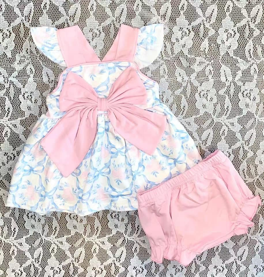 Baby Girls Flutter Sleeves Floral Bows Tunic Pink Bummies Clothes Set Preorder