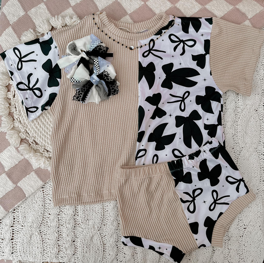 Baby Girls Khaki Short Sleeves Black Bows Top Bummies Set Preorder