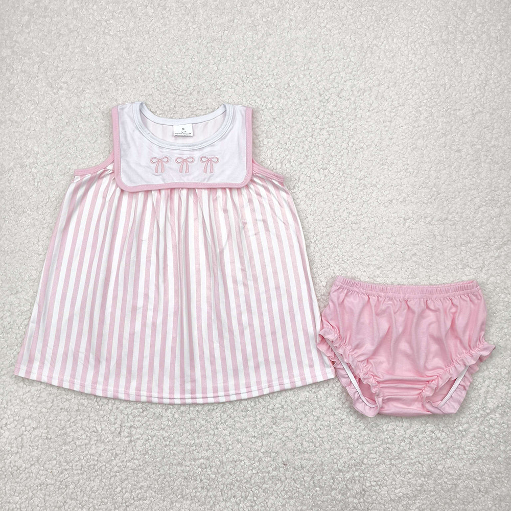 Embroidery Baby Girls Pink Sleeveless Bows Tunic Bummies Sets