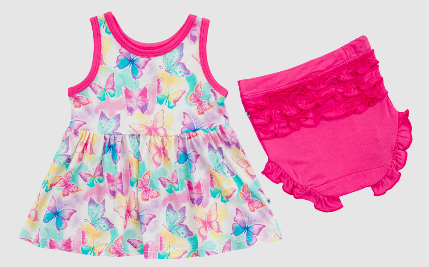 Baby Girls Pink Sleeveless Colorful Butterfly Tunic Ruffle Bummies Set Preorder