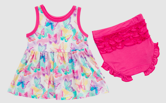 Baby Girls Pink Sleeveless Colorful Butterfly Tunic Ruffle Bummies Set Preorder
