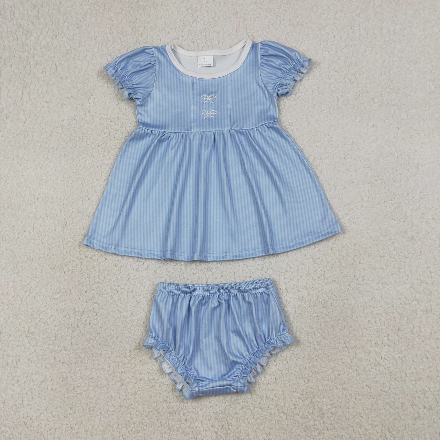 Embroidery Bows Baby Girls Blue Stripe Tunic Bummies Clothes Sets