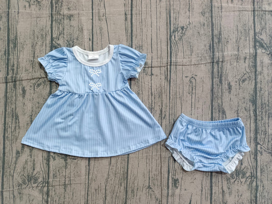 Embroidery Bows Baby Girls Blue Stripe Tunic Bummies Clothes Sets Preorder