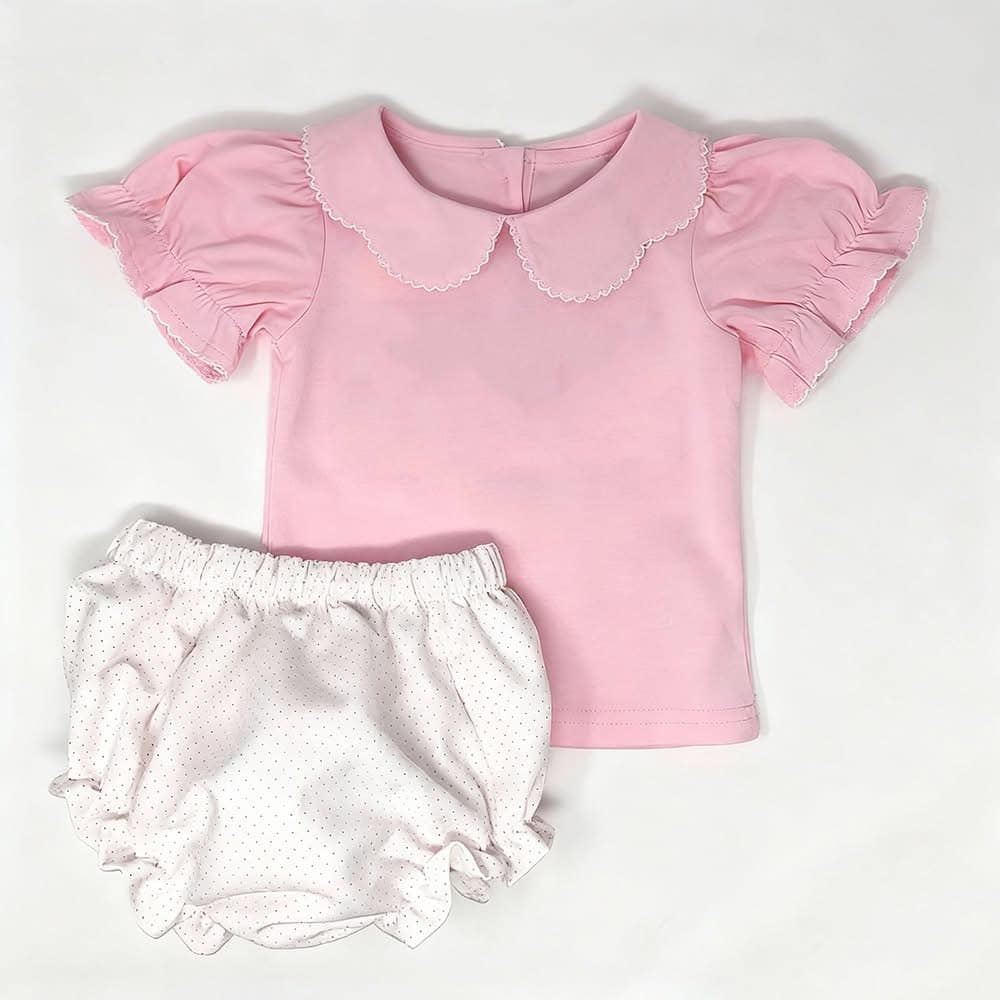 Baby Girls Pink Short Ruffle Sleeve Collar Top Bummies Clothes Sets Preorder