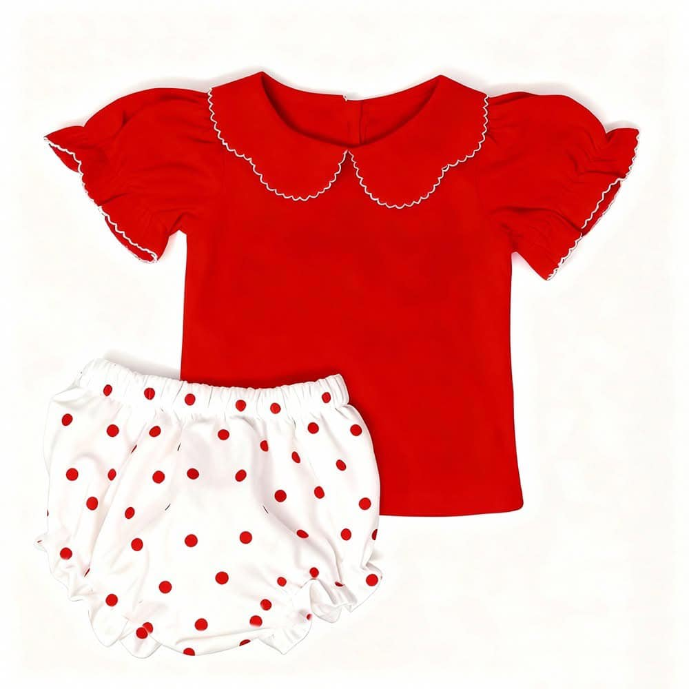Baby Girls Red Short Ruffle Sleeve Collar Top Bummies Clothes Sets Preorder