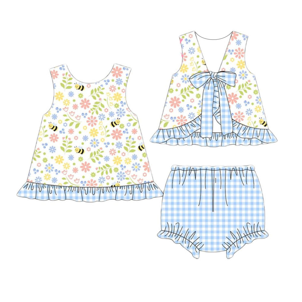 Baby Girls Sleeveless Floral Bee Back Bows Tunic Bummies Clothes Sets Preorder