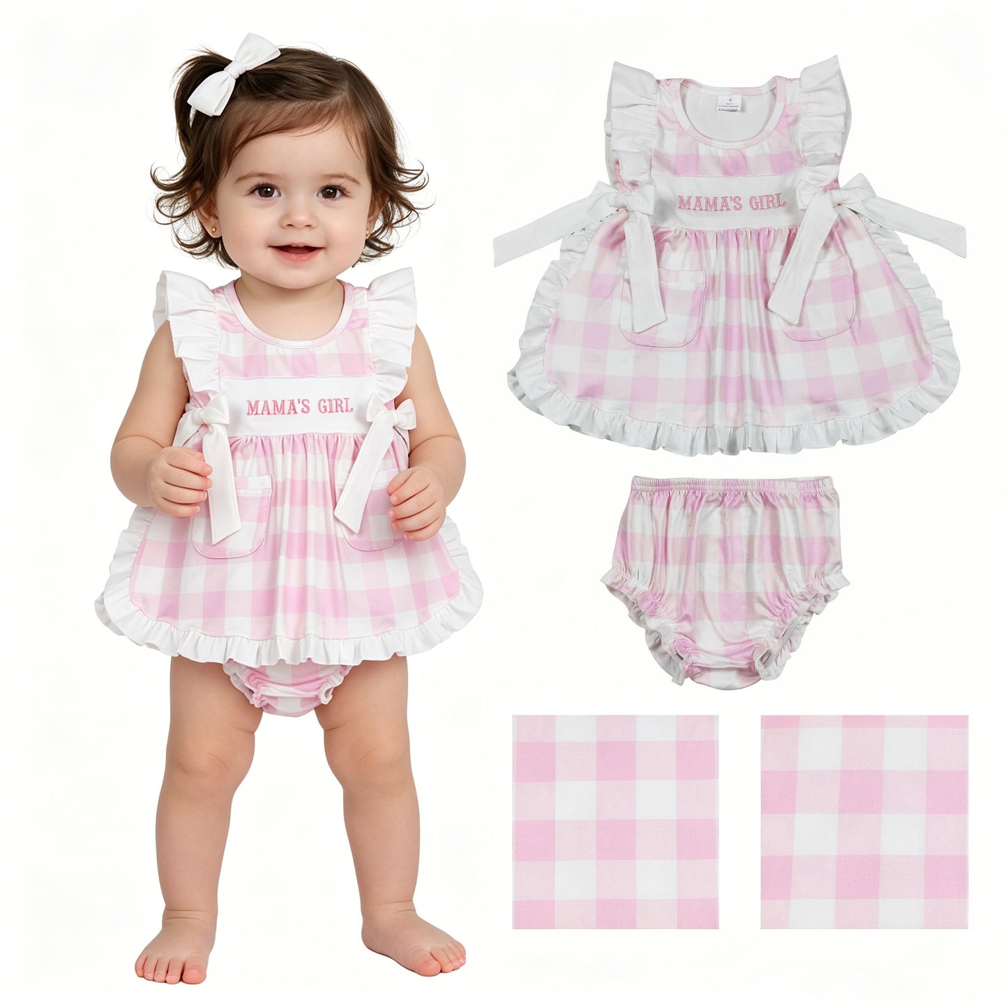 Embroidery Mama's Girl Pink Checked Pockets Tunic Bummies Clothes Sets