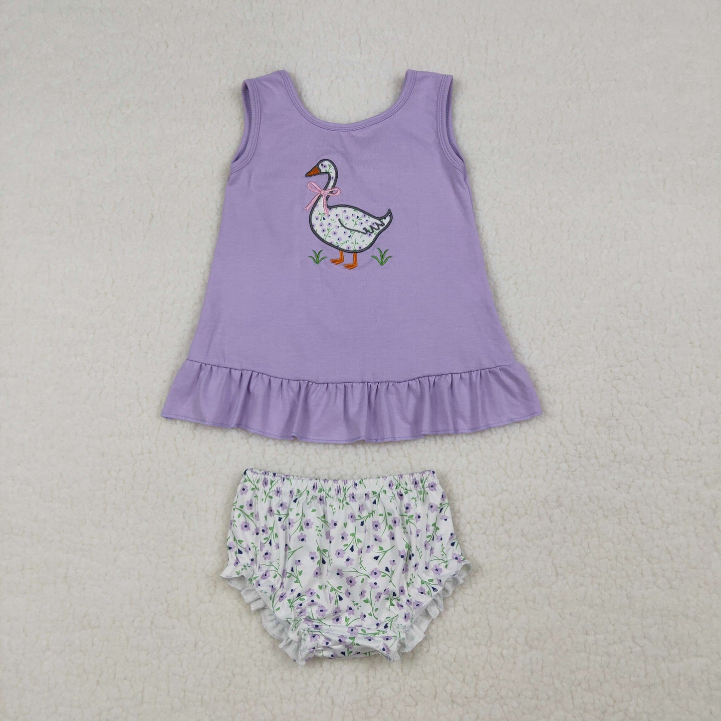 Embroidery Floral Goose Baby Girls Back Bows Tunic Bummies Clothes Sets