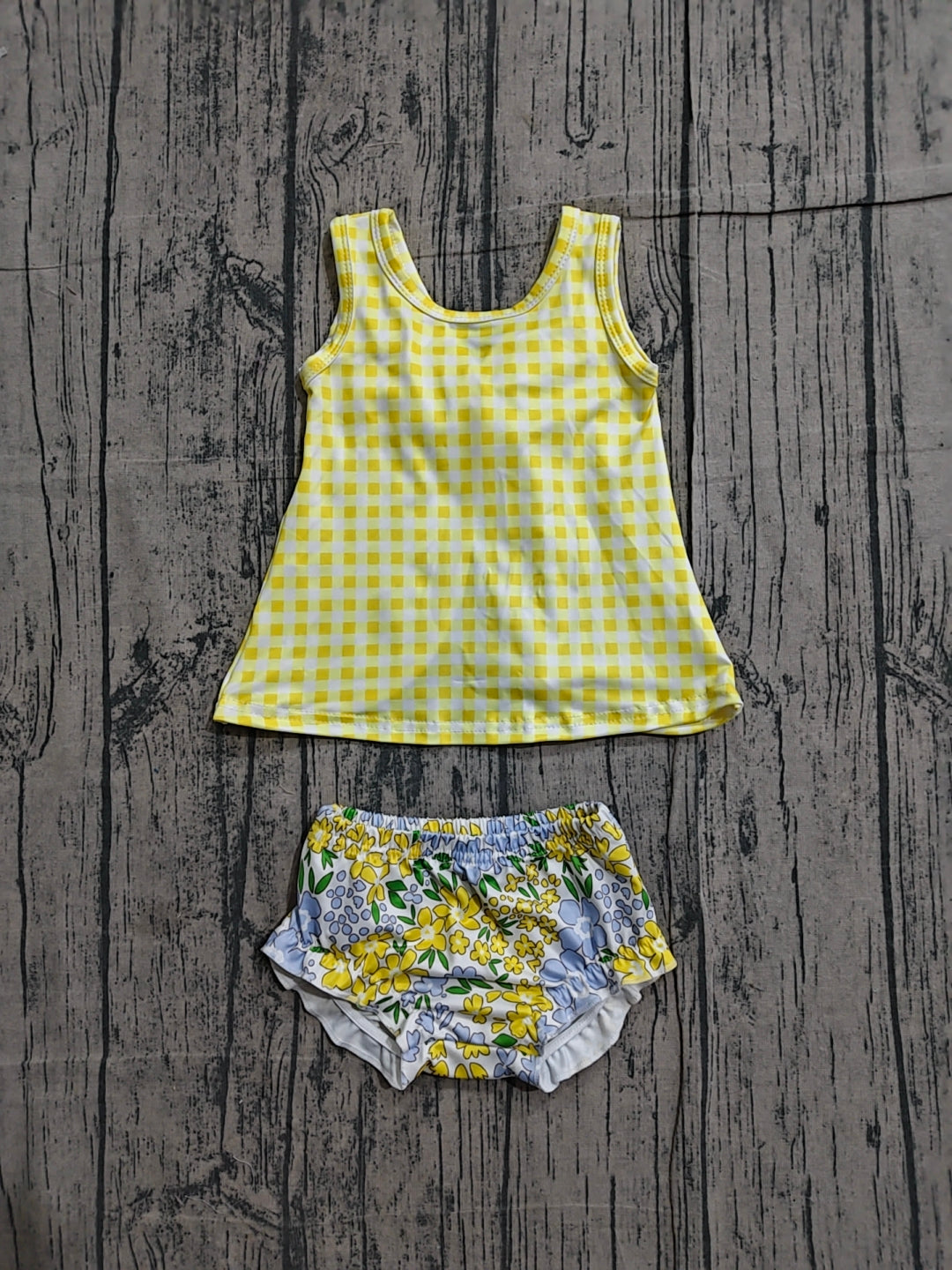 Baby Girls Yellow Checked Flowers Back Bow Tunic Flowers Bummies Clothes Sets