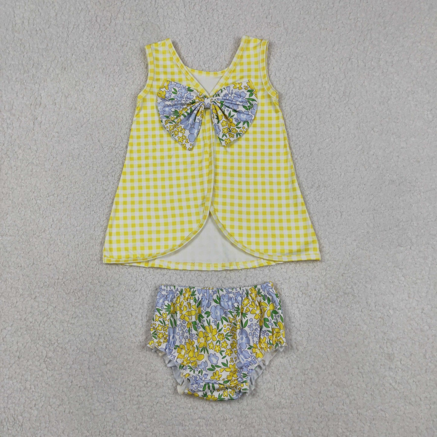 Baby Girls Yellow Checked Flowers Back Bow Tunic Flowers Bummies Clothes Sets