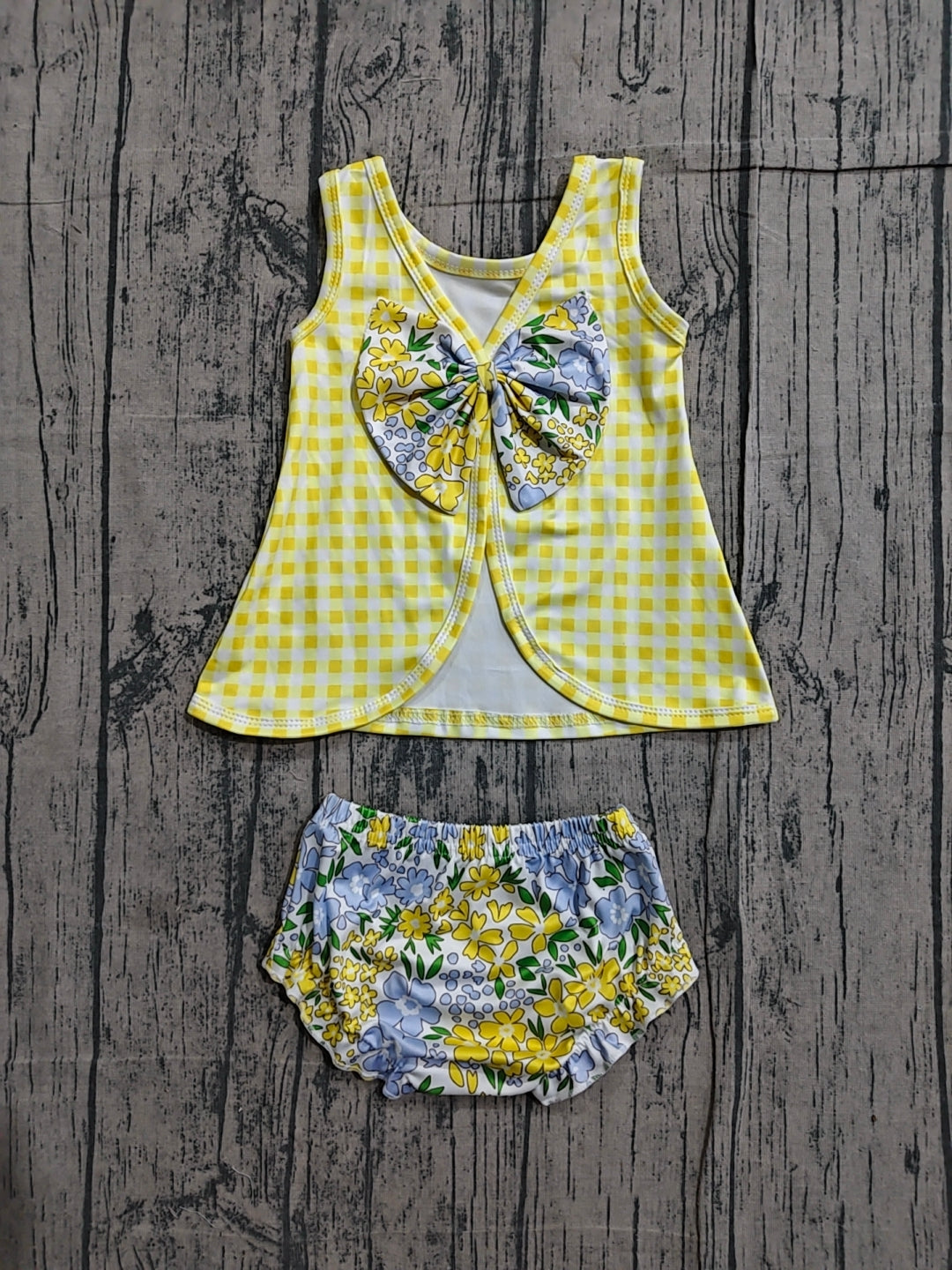 Baby Girls Yellow Checked Flowers Back Bow Tunic Flowers Bummies Clothes Sets