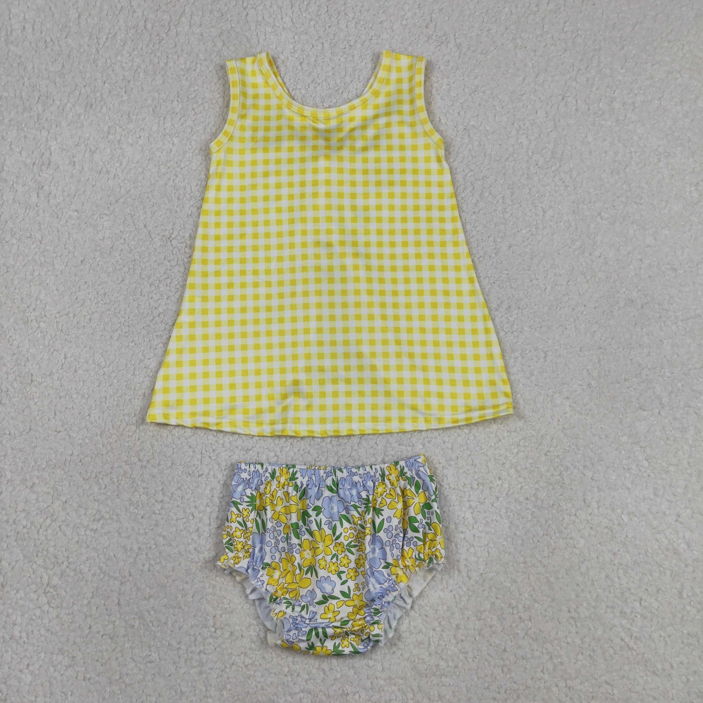 Baby Girls Yellow Checked Flowers Back Bow Tunic Flowers Bummies Clothes Sets
