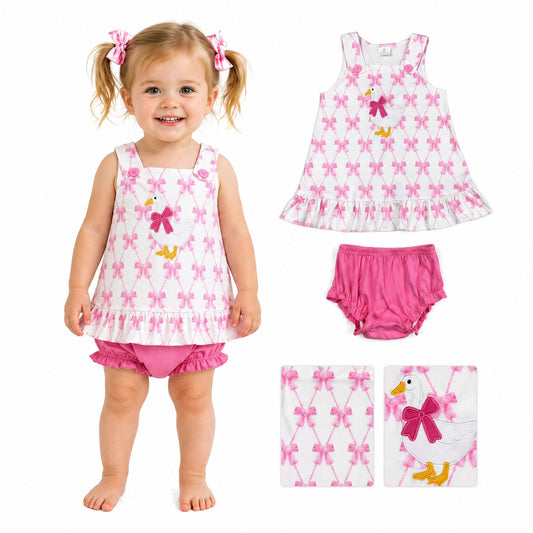 Embroidery Goose Baby Girls Pink Bow Plaid Tunic Bummies Clothes Sets