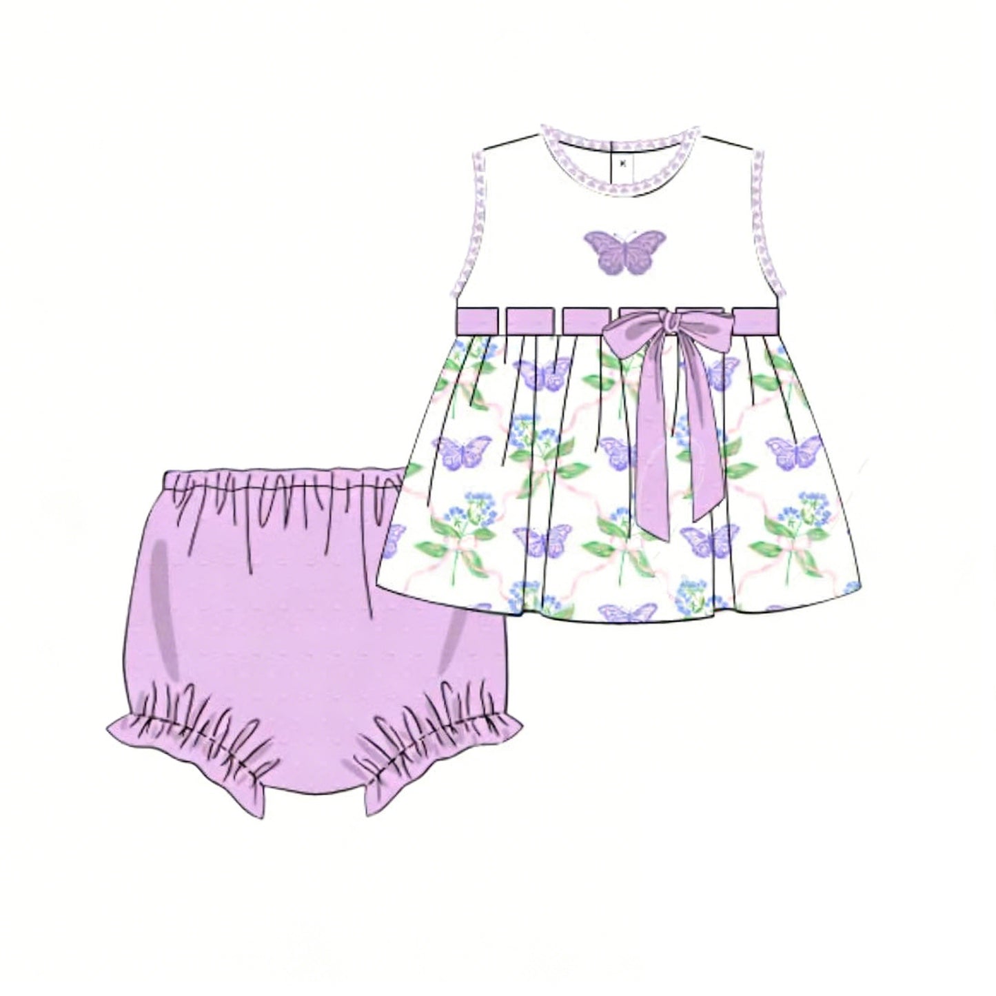 Baby Girls Sleeveless Flowers Butterfly Tunic Bummies Clothes Sets Preorder