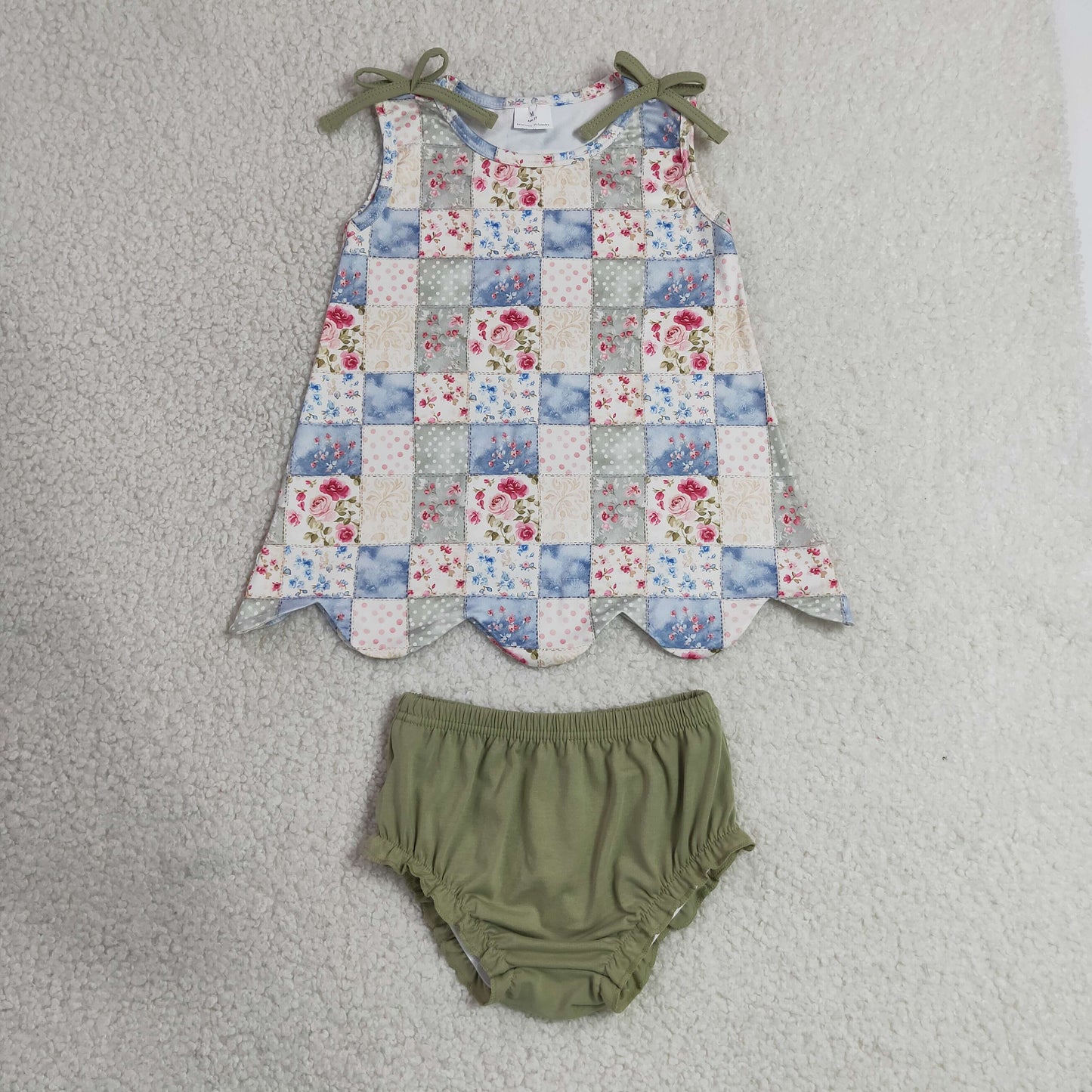 Baby Girls Sleeveless Floral Checked Scallop Tunic Bummies Clothes Sets