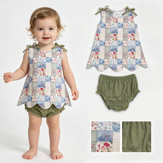 Baby Girls Sleeveless Floral Checked Scallop Tunic Bummies Clothes Sets