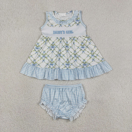 Embroidery Daddy's Girl Bows Floral Checked Tunic Bummies Clothes Sets