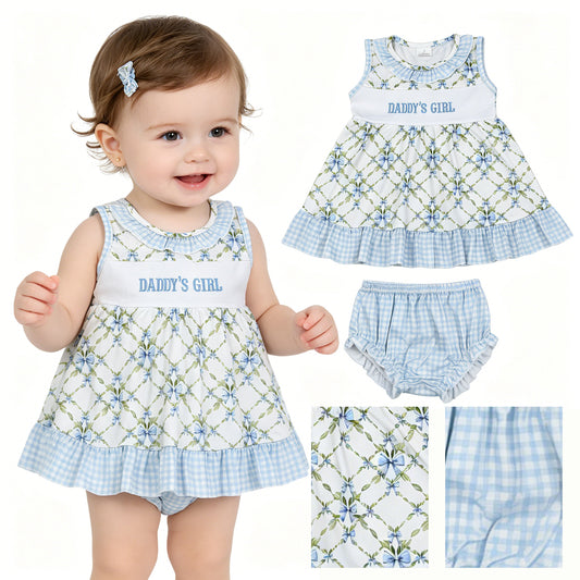Embroidery Daddy's Girl Bows Floral Checked Tunic Bummies Clothes Sets