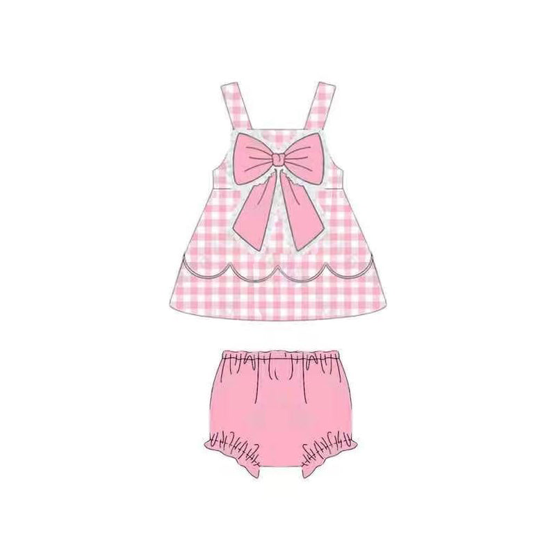 Baby Girls Strap Pink Checked Bow Top Bummies Clothes Sets Preorder