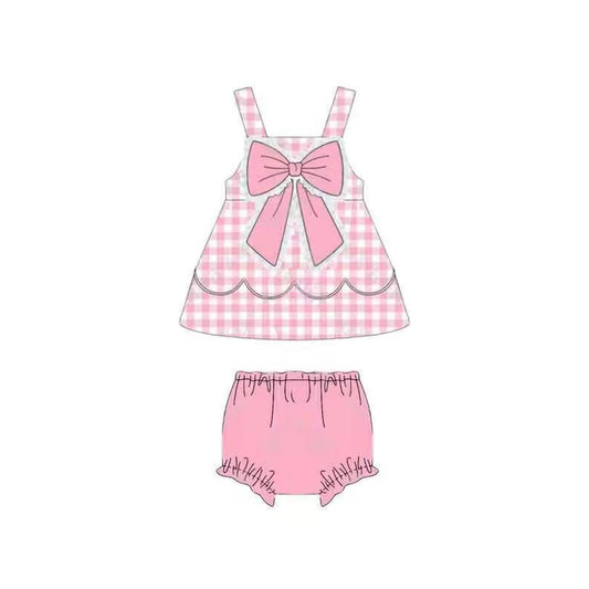 Baby Girls Strap Pink Checked Bow Top Bummies Clothes Sets Preorder