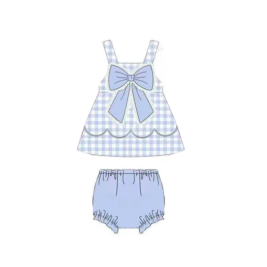Baby Girls Strap Blue Checked Bow Top Bummies Clothes Sets Preorder