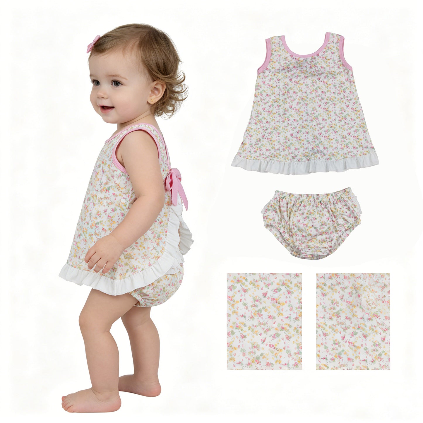 Baby Girls Sleeveless Colorful Flowers Back Bow Tunic Bummies Clothes Sets