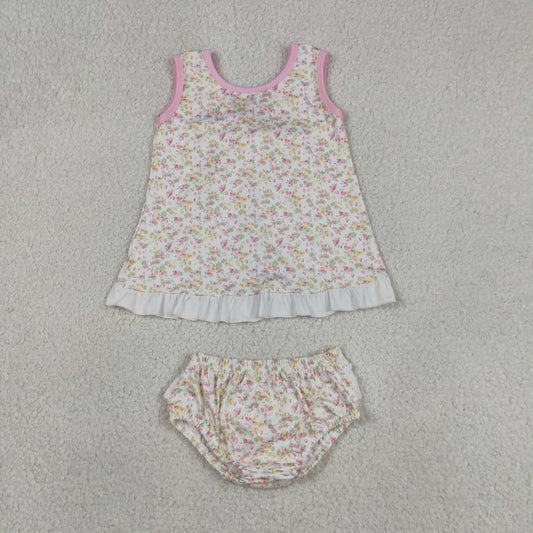 Baby Girls Sleeveless Colorful Flowers Back Bow Tunic Bummies Clothes Sets