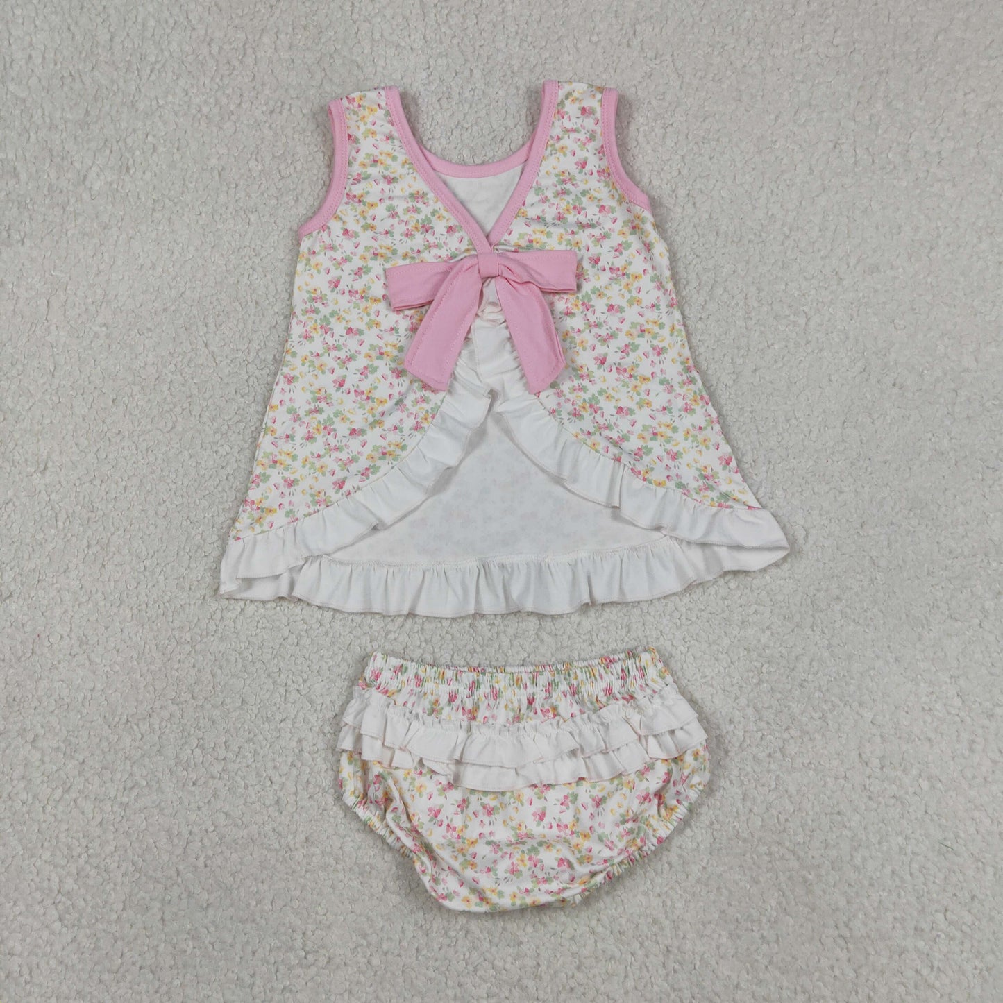 Sibling Baby Girls Sleeveless Back Bow Tunic Flowers Bummies Clothes Sets