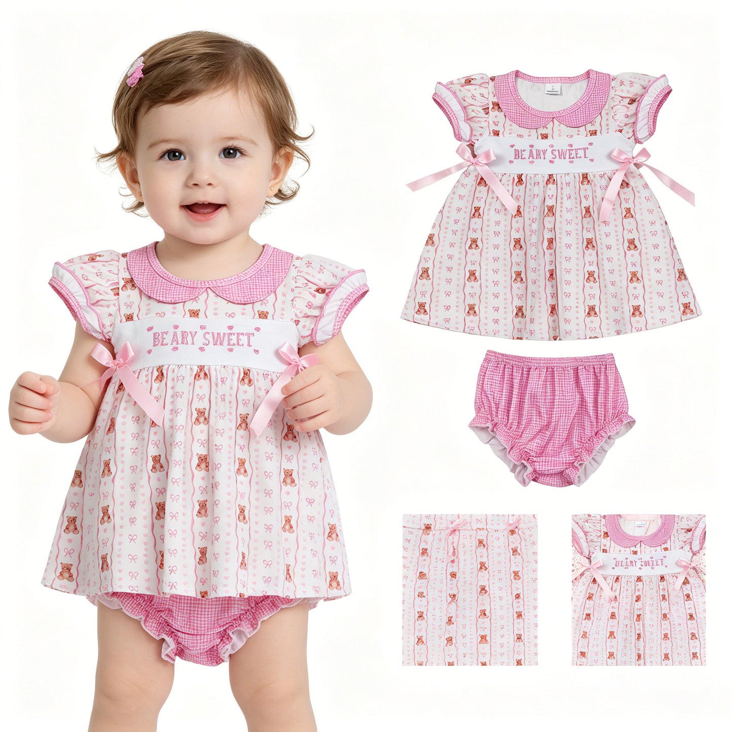 Embroidery Sweet Baby Girls Heart Bears Stripe Tunic Bummies Clothes Sets