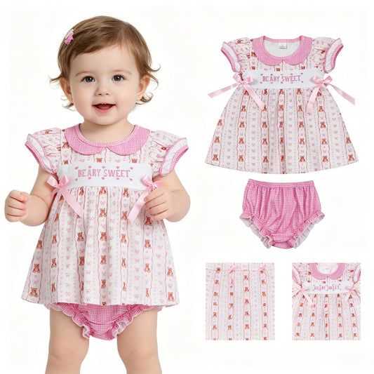 Embroidery Sweet Baby Girls Heart Bears Stripe Tunic Bummies Clothes Sets
