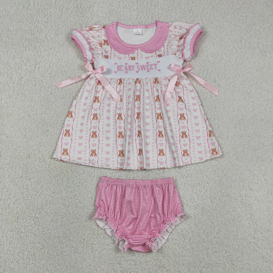 Embroidery Sweet Baby Girls Heart Bears Stripe Tunic Bummies Clothes Sets