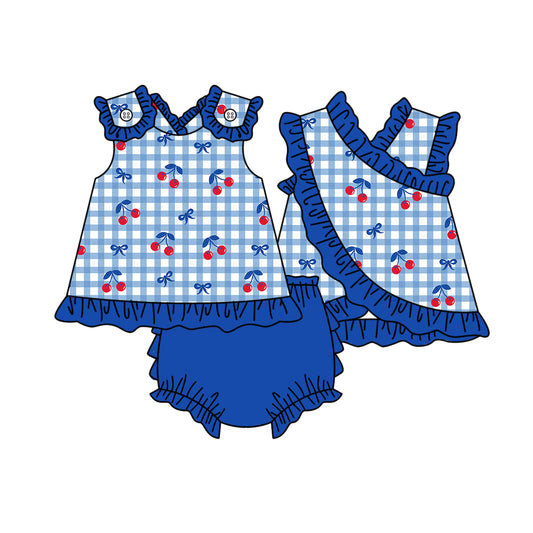 Baby Girls Blue Checked Bows Cherry Tunic Bummies Clothes Sets Preorder