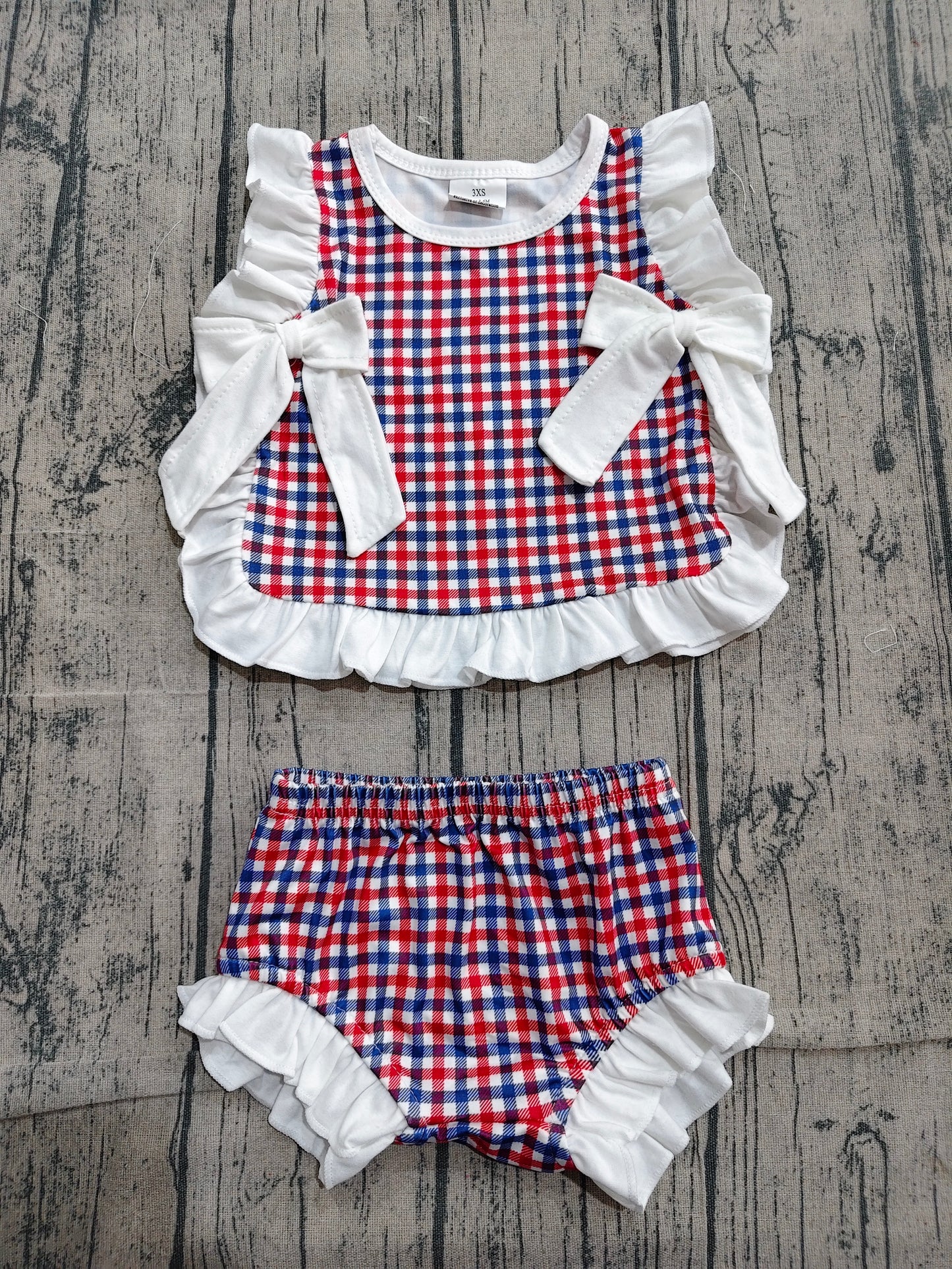 Baby Girls Red Blue Checked Bows Tunic Bummies 4th of July Clothes Sets