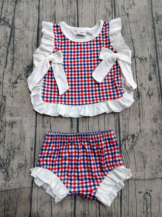 Baby Girls Red Blue Checked Bows Tunic Bummies 4th of July Clothes Sets