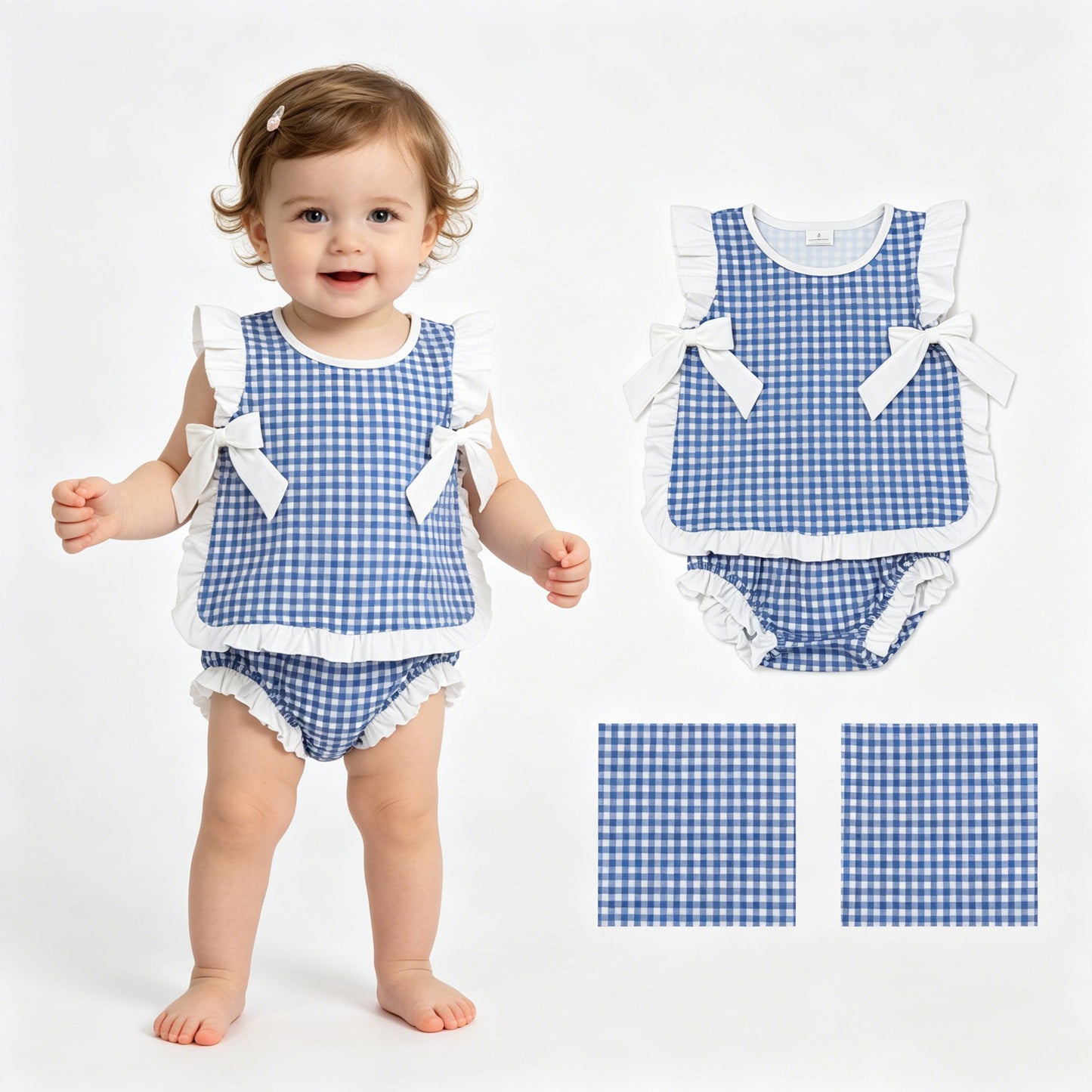Baby Girls Blue Checked Bows Tunic Bummies Clothes Sets