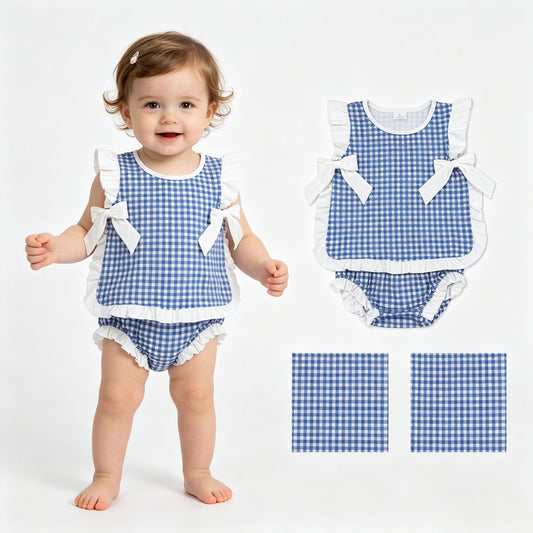 Baby Girls Blue Checked Bows Tunic Bummies Clothes Sets