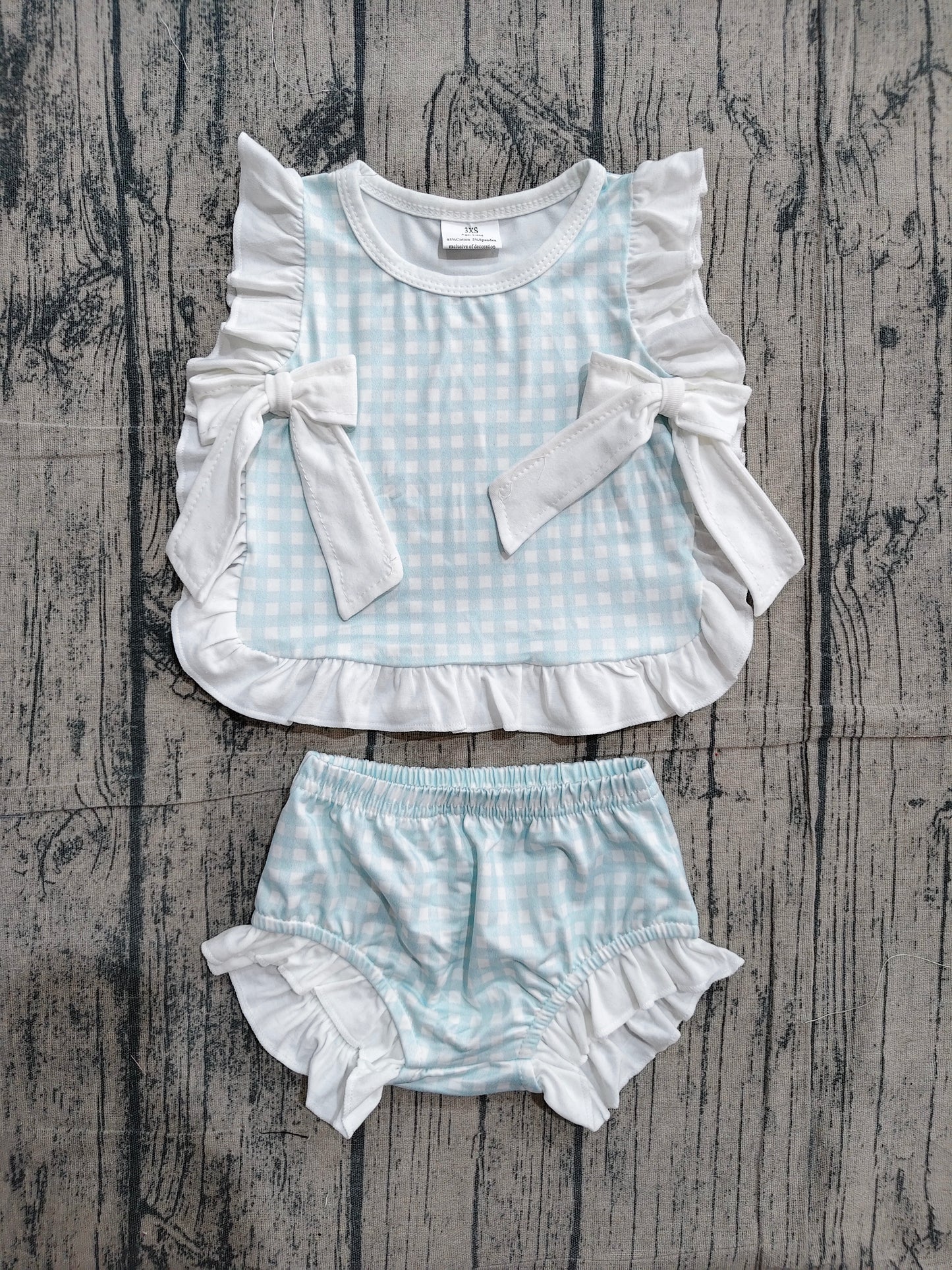 Baby Girls Light Blue Checked Bows Tunic Bummies Clothes Sets
