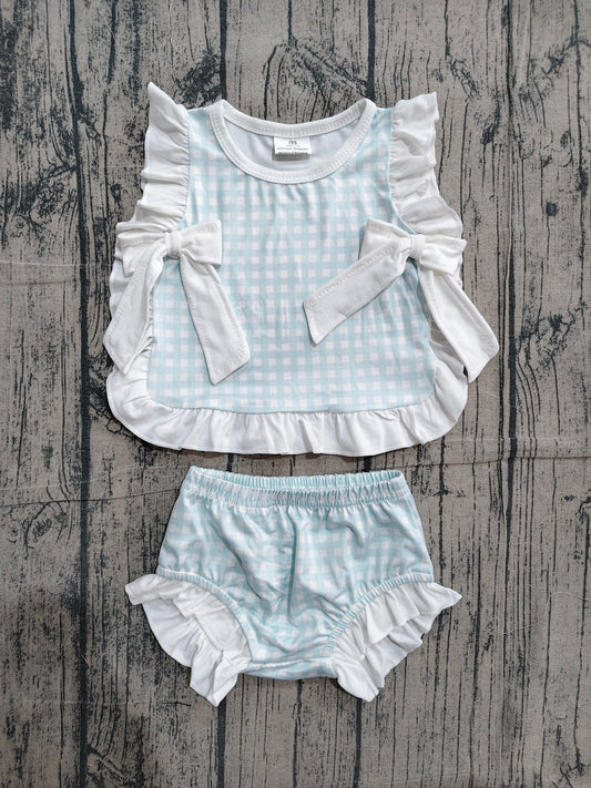Baby Girls Light Blue Checked Bows Tunic Bummies Clothes Sets