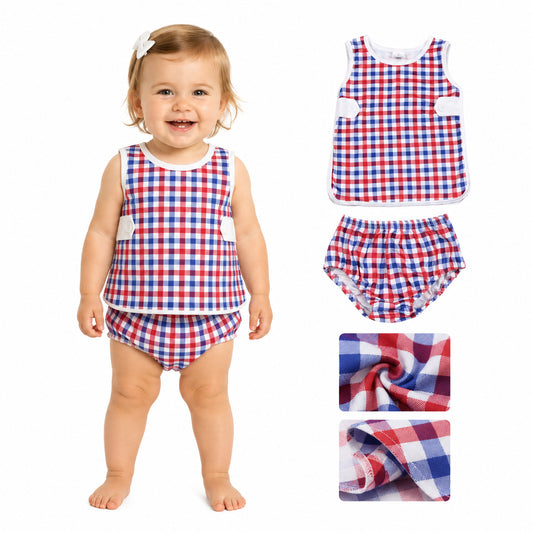 Baby Boys Red Blue Checked Top Bummies 4th of July Clothes Sets