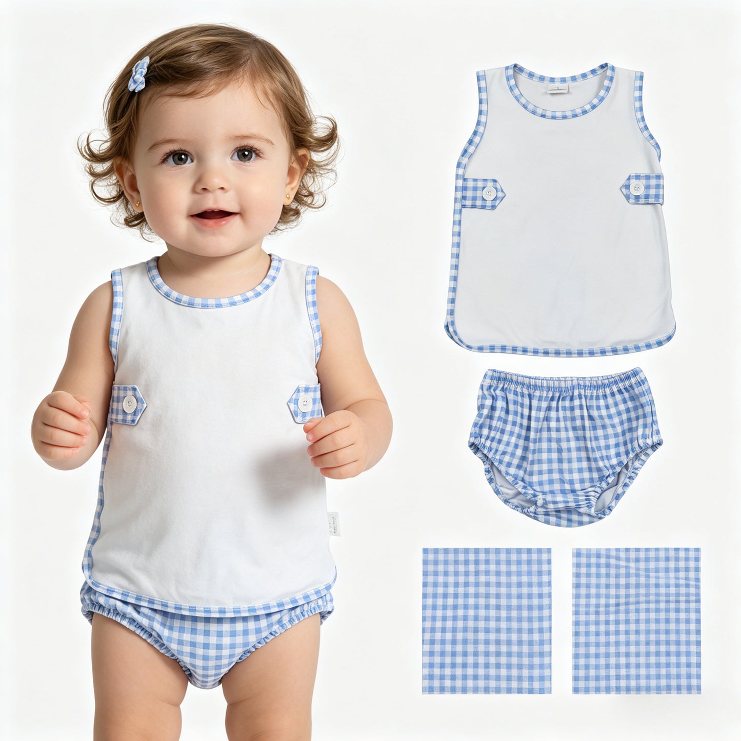 Baby Boys Sleeveless Tunic Blue Checked Bummies Clothes Sets
