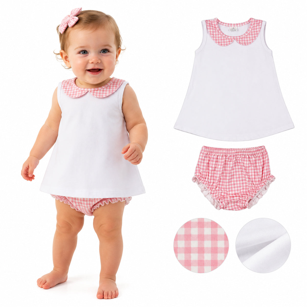 Baby Girls Light Pink Checked Checked Tunic Bummies Clothes Sets