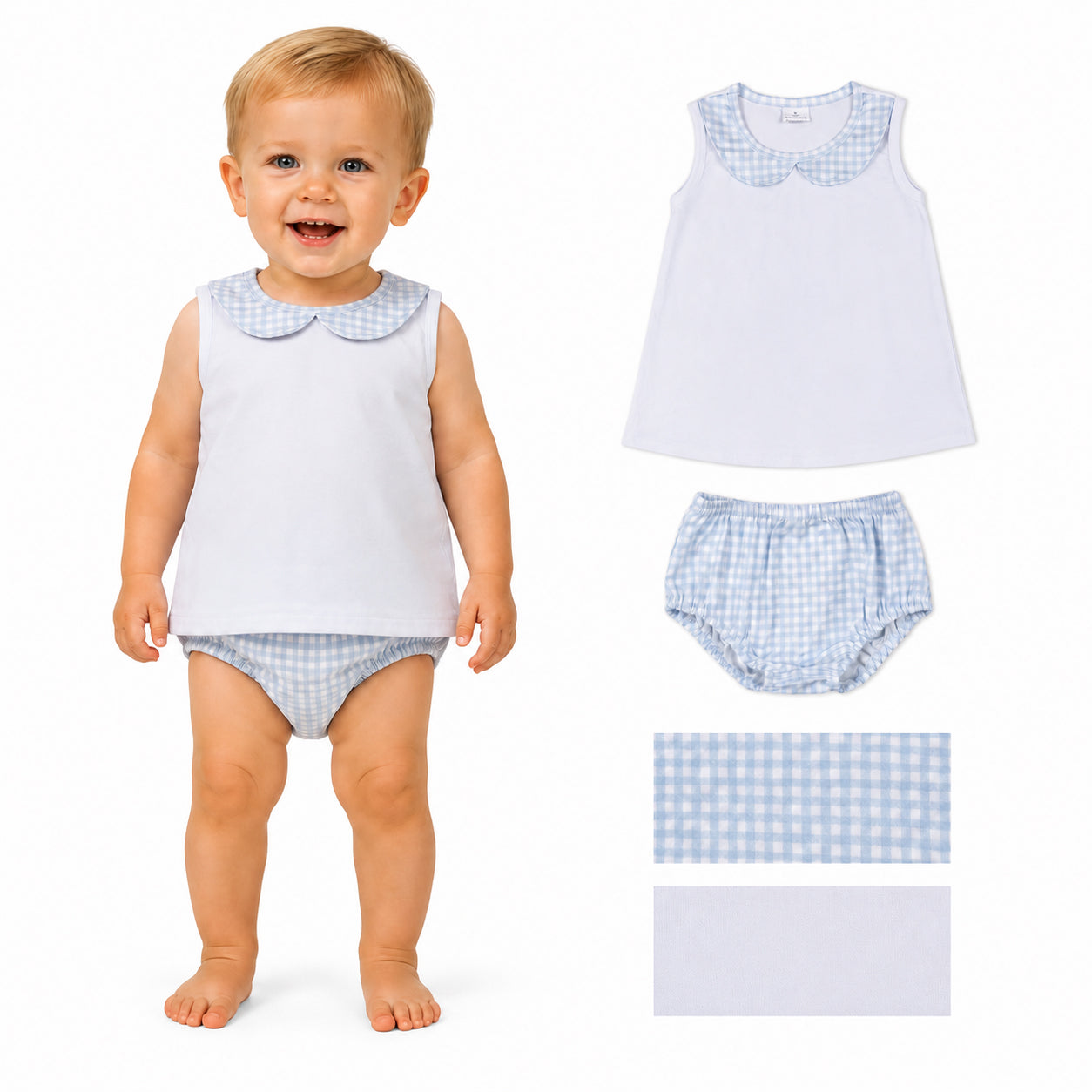 Baby Boys Light Blue Checked Collar Tunic Bummies Clothes Sets